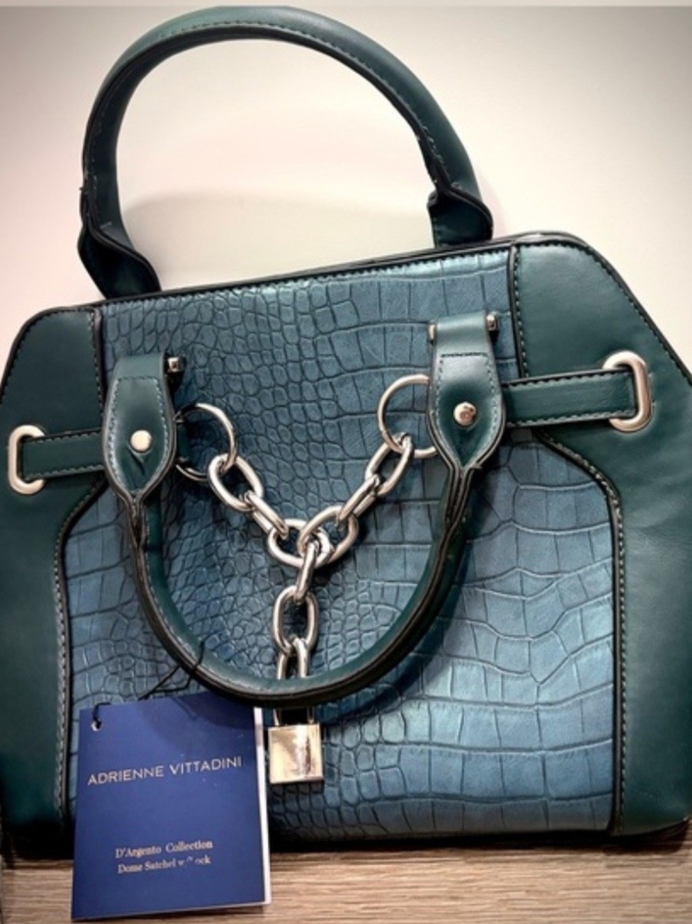 Adrienne Vittadini Teal Croc-Embossed Satchel with Silver Hardware
